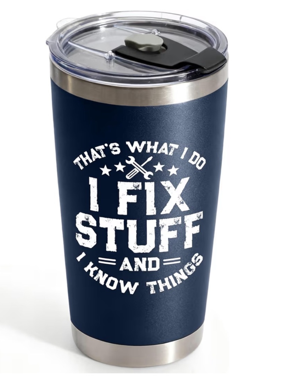 Amazon Navy Blue and Silver I Fix Stuff Travel Tumbler